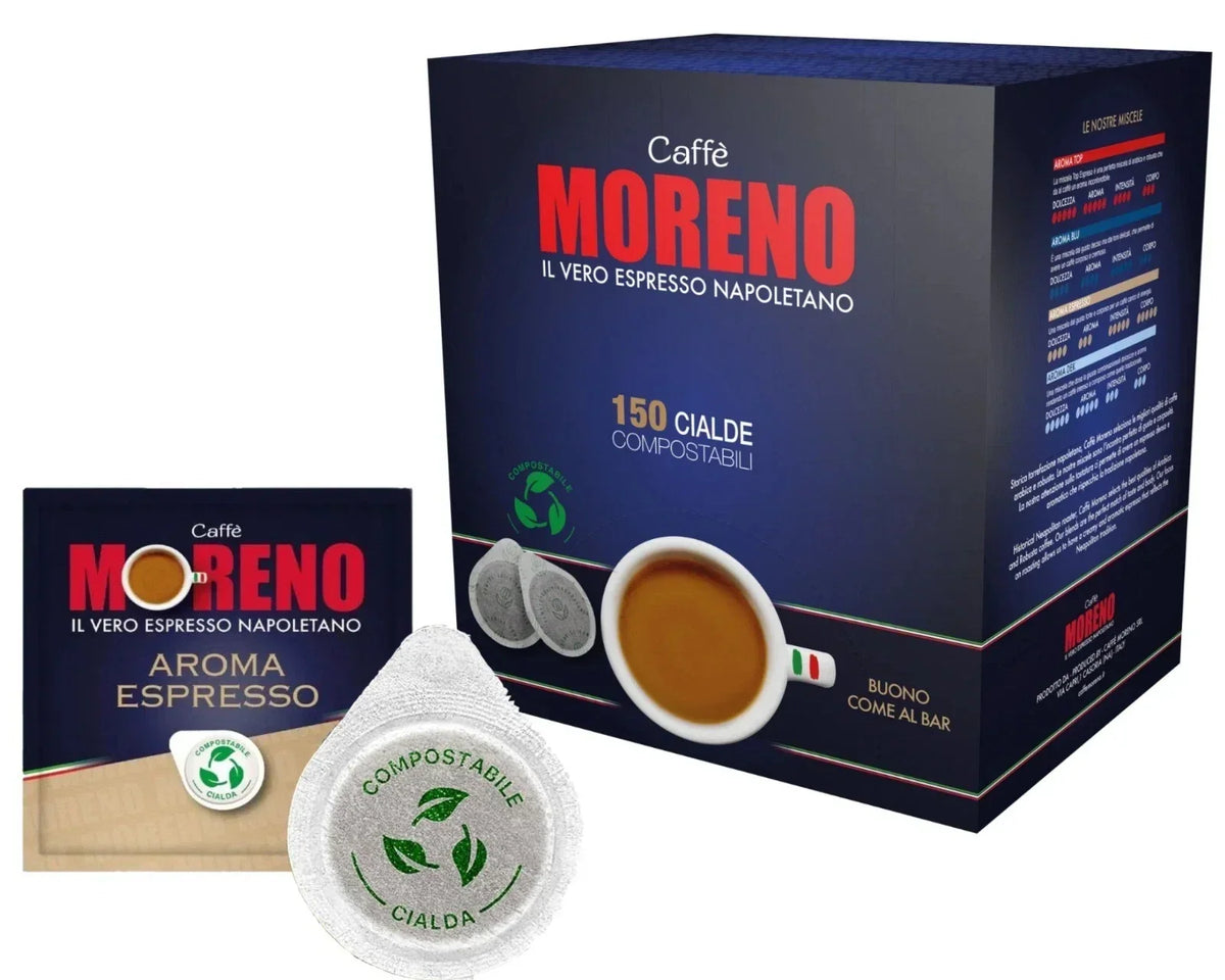 150 Cialde Caffè MORENO Miscela Aroma Espresso Bar Filtro 44 MM Compostabile 7gr